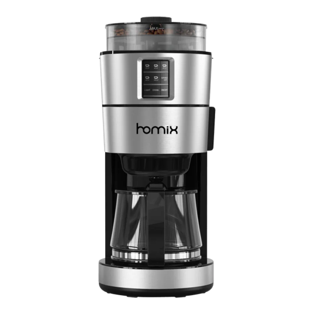Homex Filter Coffee Maker, 10 Cups, 1000W, with Coffee Grinder, 1000 W, Silver · 85830