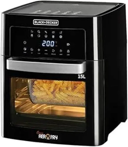Black+Decker Air Fryer 15 L, 15L OVEN AEROFRY, Air Fryer Oven 15 L Capacity – 1700 W Power, Digital Touch Control, 10 Preset Functions, Rapid Air Heating – Ideal for Large Meals, Smoke-Free Cooking – Black Made in China AOF150-B5
